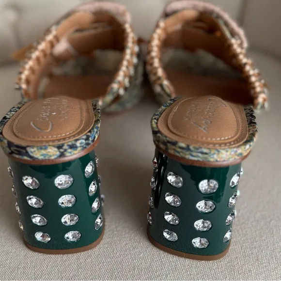Crystal-Embellished Green and Tan Women's Shoes unique slides boho