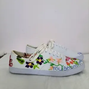 Custom hand embroidered floral canvas tennis shoe 9