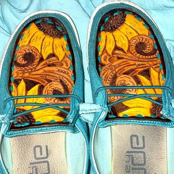 Custom hey dudes leather tooled western shoes 🌻
