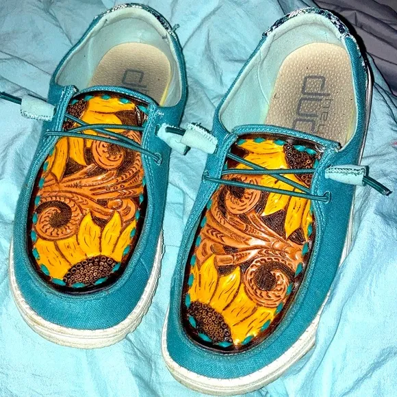 Custom hey dudes leather tooled western shoes 🌻