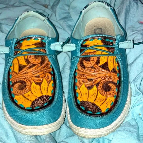 Custom hey dudes leather tooled western shoes 🌻