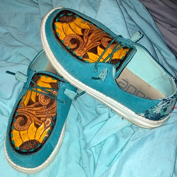 Custom hey dudes leather tooled western shoes 🌻