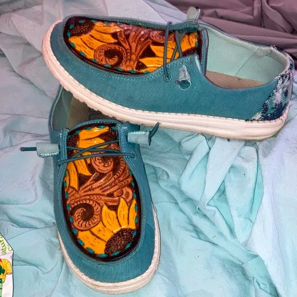 Custom hey dudes leather tooled western shoes 🌻