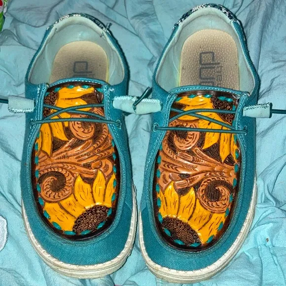 Custom hey dudes leather tooled western shoes 🌻