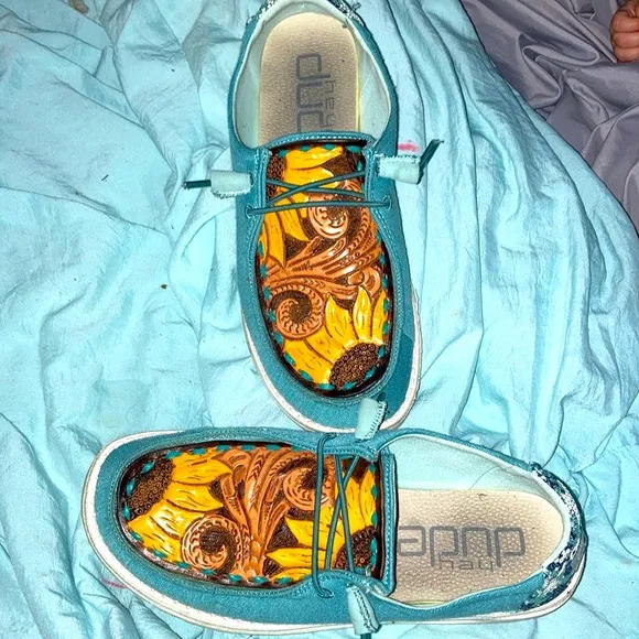 Custom hey dudes leather tooled western shoes 🌻