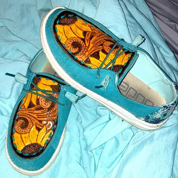 Custom hey dudes leather tooled western shoes 🌻