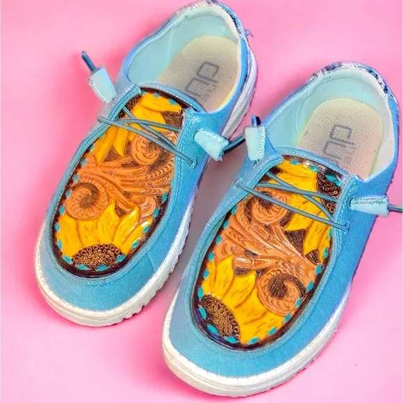 Custom hey dudes leather tooled western shoes 🌻