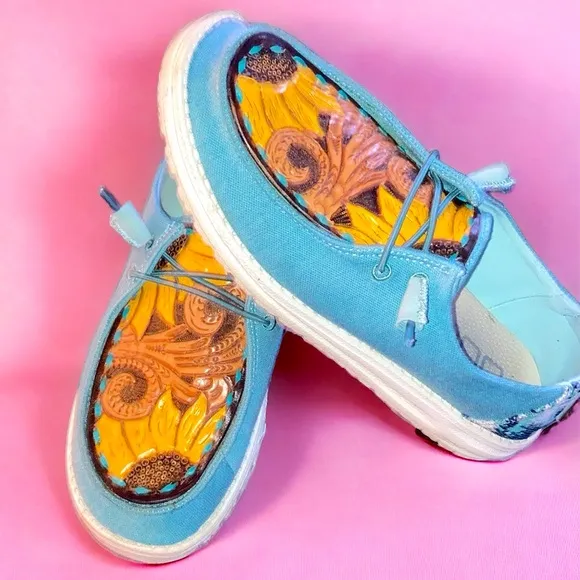 Custom hey dudes leather tooled western shoes 🌻
