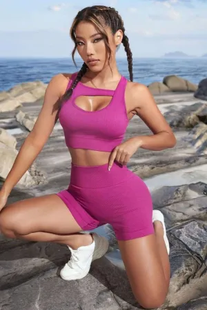 Cutout Crop Top Set & Shorts - High Stretch Activewear for Fitness & Yoga