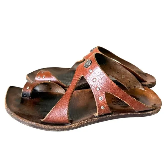 CYDWOQ Sandals Boho Brown Leather Silver Floral Studs Leather Soles Size 37
