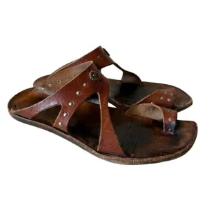 CYDWOQ Sandals Boho Brown Leather Silver Floral Studs Leather Soles Size 37