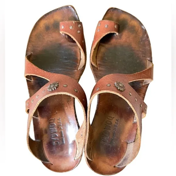 CYDWOQ Sandals Boho Brown Leather Silver Floral Studs Leather Soles Size 37