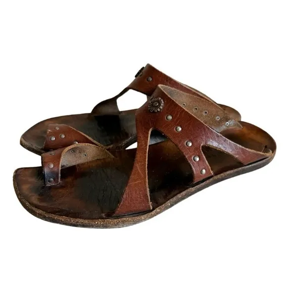 CYDWOQ Sandals Boho Brown Leather Silver Floral Studs Leather Soles Size 37