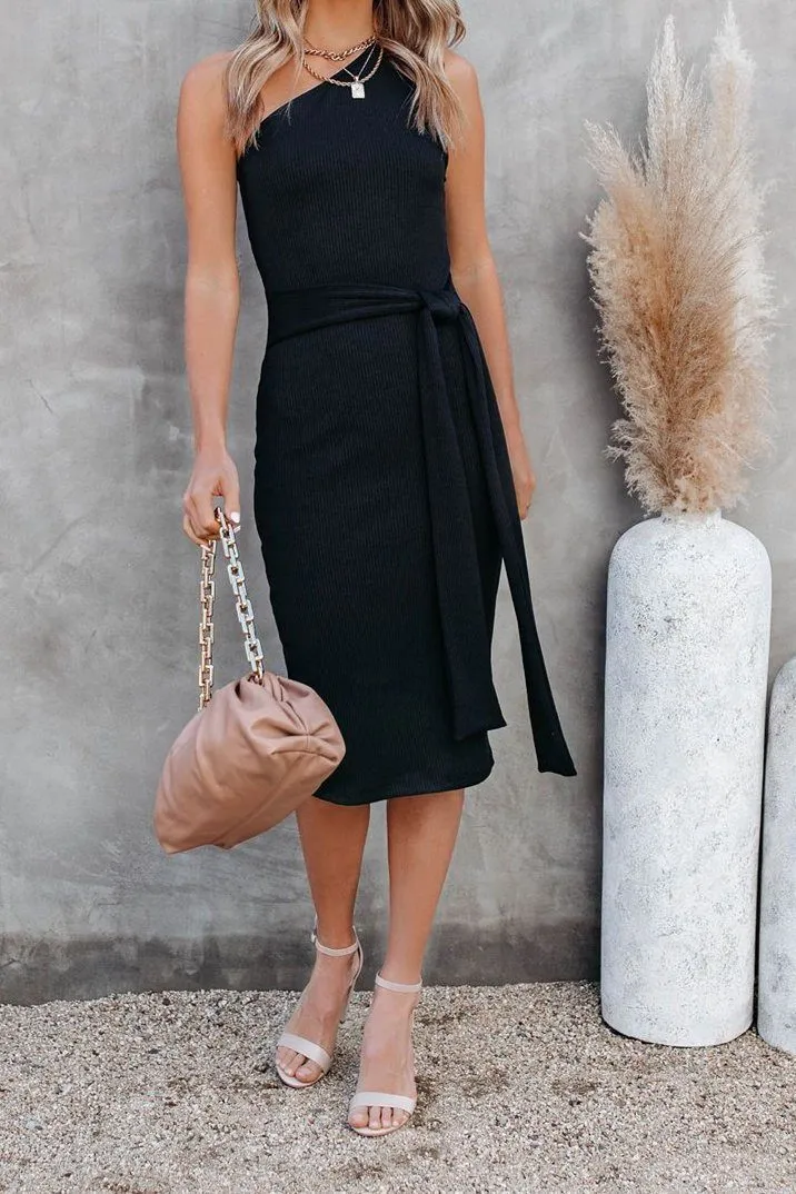 Cyndy One Shoulder Ribbed Tie Midi Dress - Black