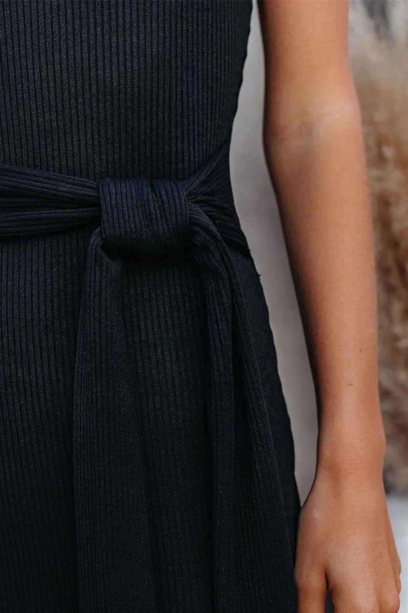 Cyndy One Shoulder Ribbed Tie Midi Dress - Black