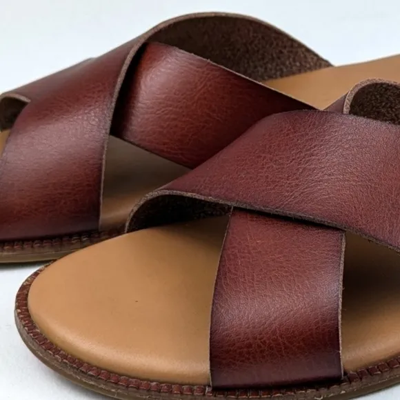 Cynthia Rowley Libra Cognac Criss Cross Sandals Wide Strap Vegan Boho Rustic 6.5