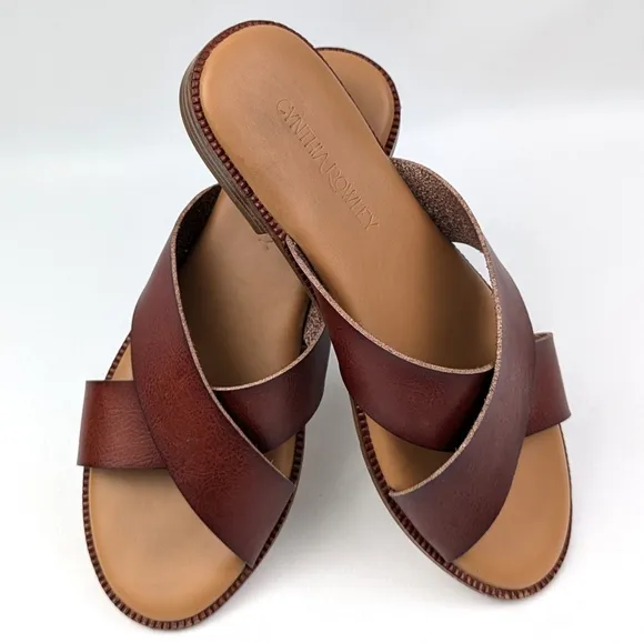 Cynthia Rowley Libra Cognac Criss Cross Sandals Wide Strap Vegan Boho Rustic 6.5