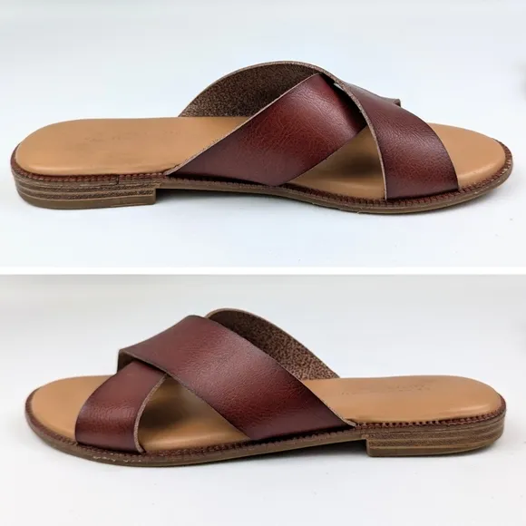 Cynthia Rowley Libra Cognac Criss Cross Sandals Wide Strap Vegan Boho Rustic 6.5