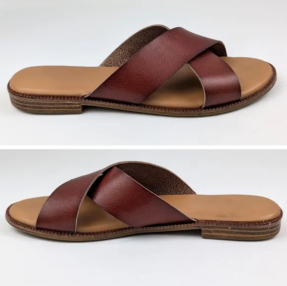 Cynthia Rowley Libra Cognac Criss Cross Sandals Wide Strap Vegan Boho Rustic 6.5