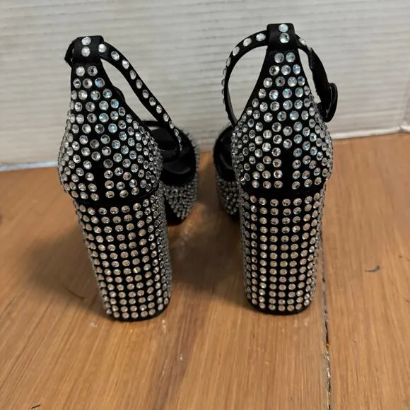 D’Amelio Mayvinaa Crystal Fabric Platform Block Heel Sandals Womens Size 6 Black