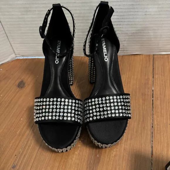 D’Amelio Mayvinaa Crystal Fabric Platform Block Heel Sandals Womens Size 6 Black