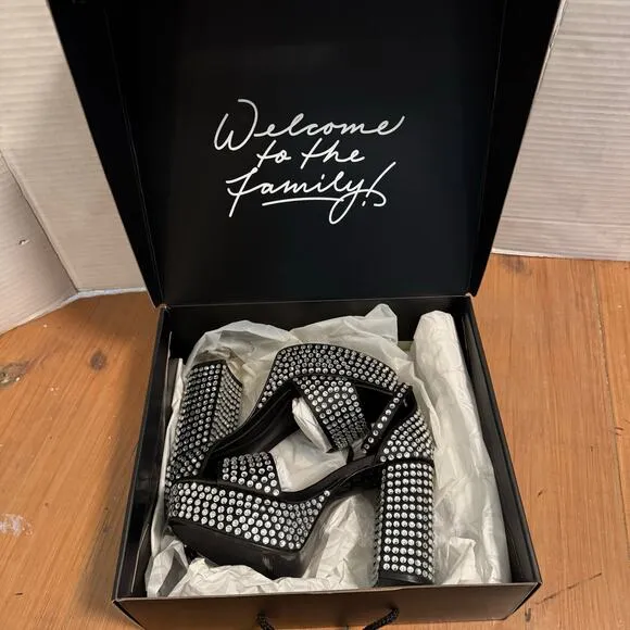 D’Amelio Mayvinaa Crystal Fabric Platform Block Heel Sandals Womens Size 6 Black