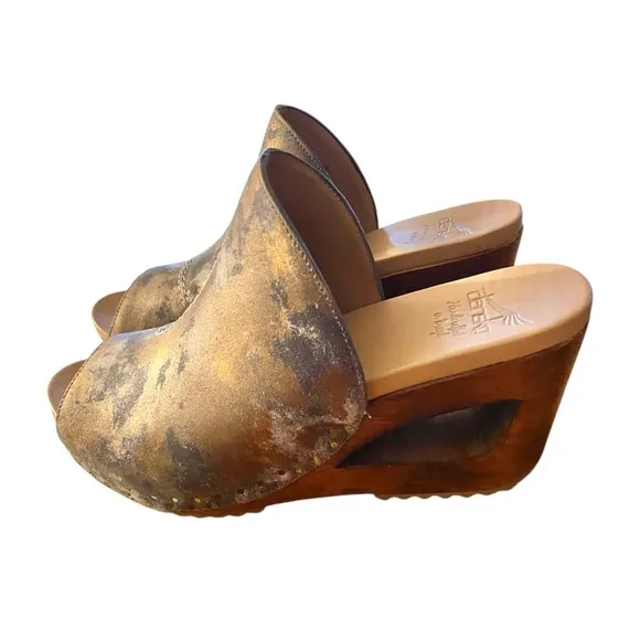 Dansko 70s Retro Wedge Cut Out Heel Sandals Limited Ed Wood Clogs Boho Hippie
