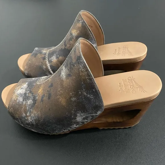 Dansko 70s Retro Wedge Cut Out Heel Sandals Limited Ed Wood Clogs Boho Hippie