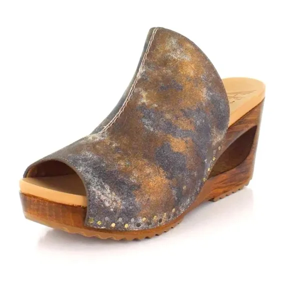 Dansko 70s Retro Wedge Cut Out Heel Sandals Limited Ed Wood Clogs Boho Hippie