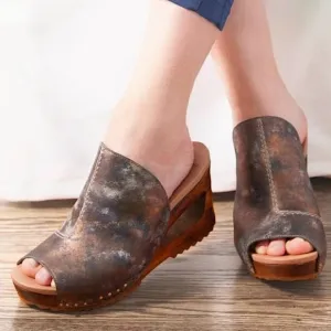 Dansko 70s Retro Wedge Cut Out Heel Sandals Limited Ed Wood Clogs Boho Hippie