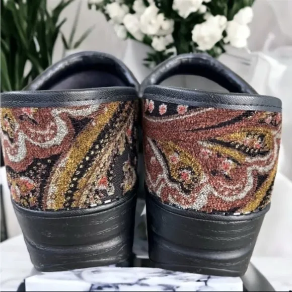 Dansko Brown and Tan Mules with Paisley Design