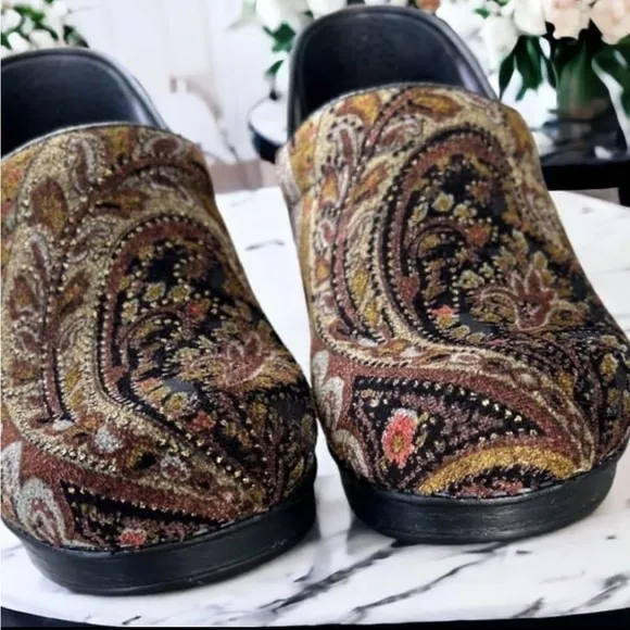 Dansko Brown and Tan Mules with Paisley Design