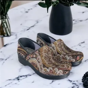 Dansko Brown and Tan Mules with Paisley Design