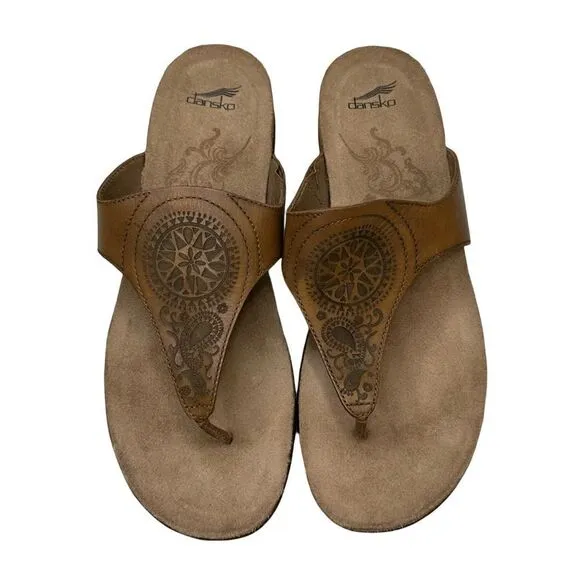 DANSKO Brown Leather Paisley Embossed Leather Thong Sandals Size 9.5 10 US 40 UK