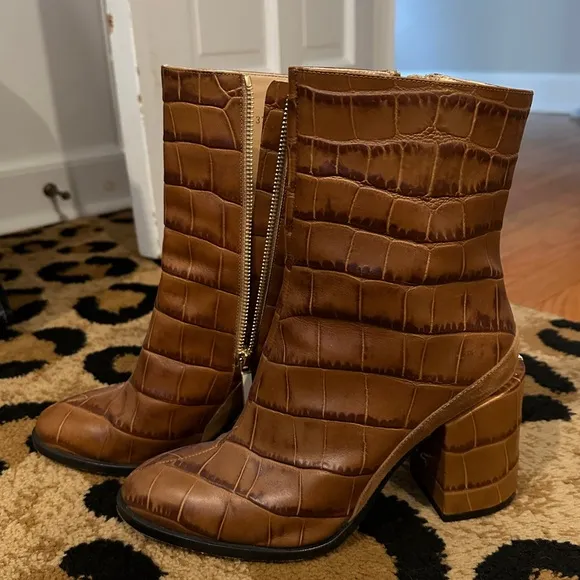 Dear Frances Brown Croc-Embossed Ankle Boots