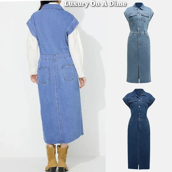 Denim Jacket Dress Pocket Chest Blue Jean Collared Midi Half Button Slit Front