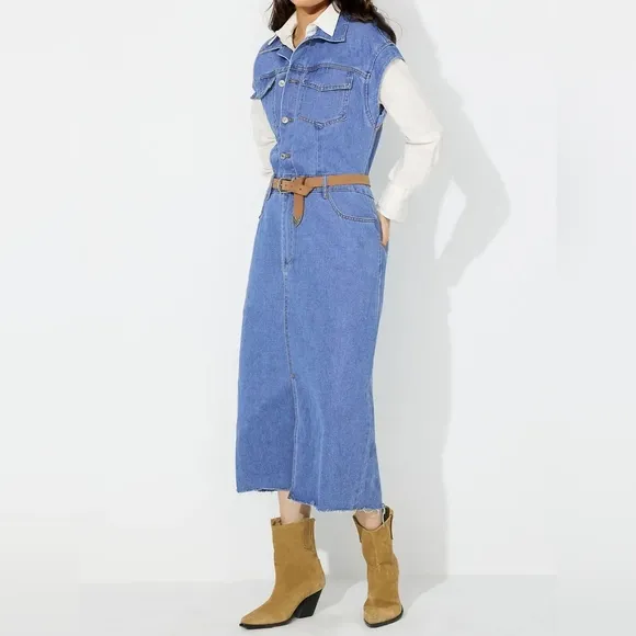 Denim Jacket Dress Pocket Chest Blue Jean Collared Midi Half Button Slit Front