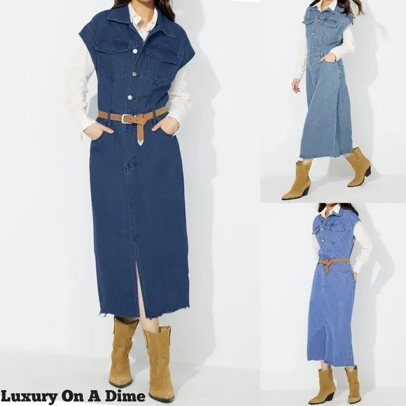Denim Jacket Dress Pocket Chest Blue Jean Collared Midi Half Button Slit Front