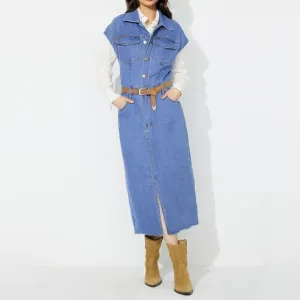 Denim Jacket Dress Pocket Chest Blue Jean Collared Midi Half Button Slit Front