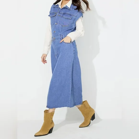 Denim Jacket Dress Pocket Chest Blue Jean Collared Midi Half Button Slit Front