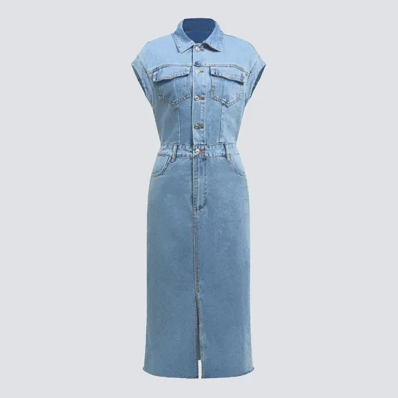 Denim Jacket Dress Pocket Chest Blue Jean Collared Midi Half Button Slit Front