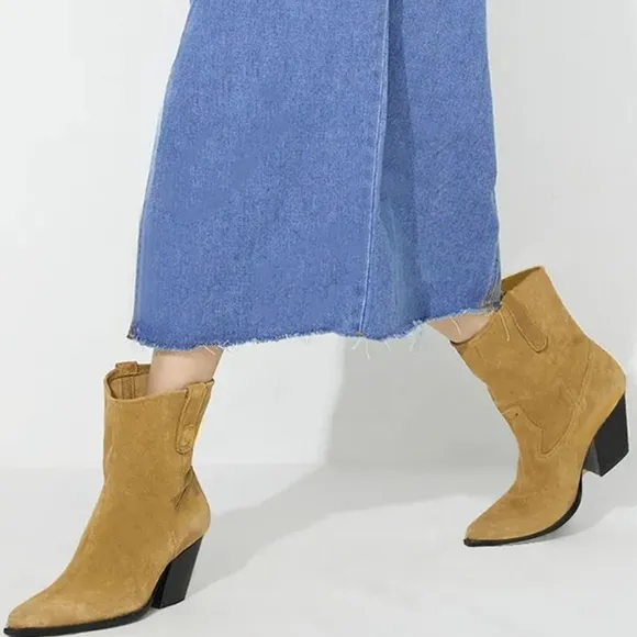 Denim Jacket Dress Pocket Chest Blue Jean Collared Midi Half Button Slit Front