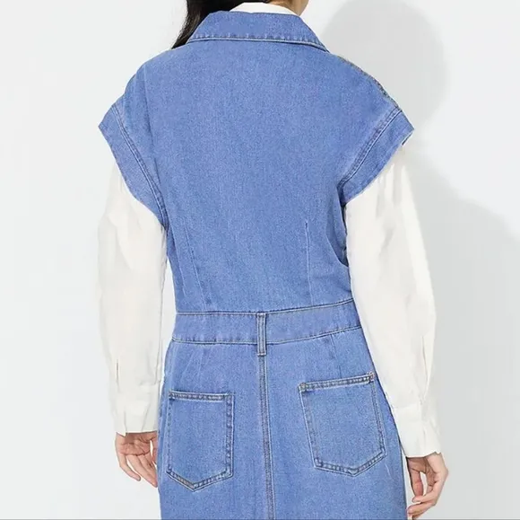 Denim Jacket Dress Pocket Chest Blue Jean Collared Midi Half Button Slit Front