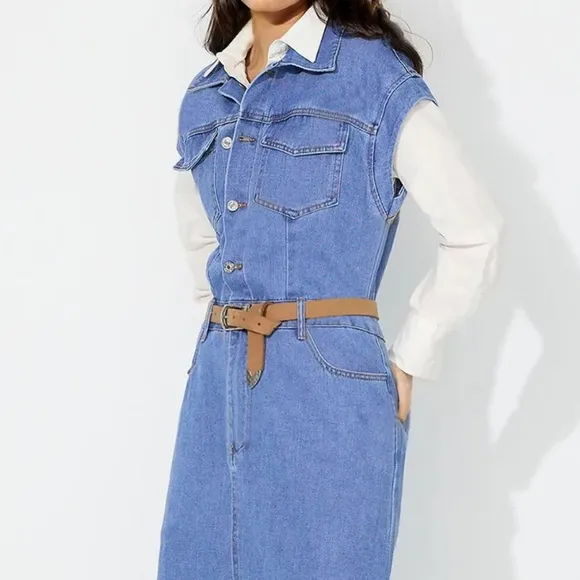 Denim Jacket Dress Pocket Chest Blue Jean Collared Midi Half Button Slit Front