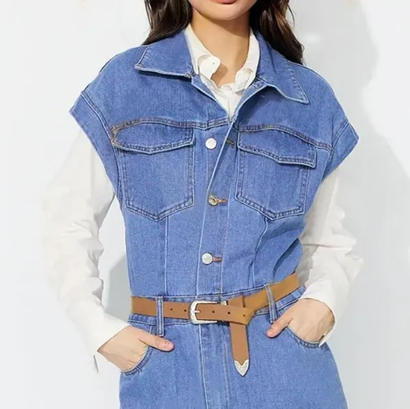 Denim Jacket Dress Pocket Chest Blue Jean Collared Midi Half Button Slit Front