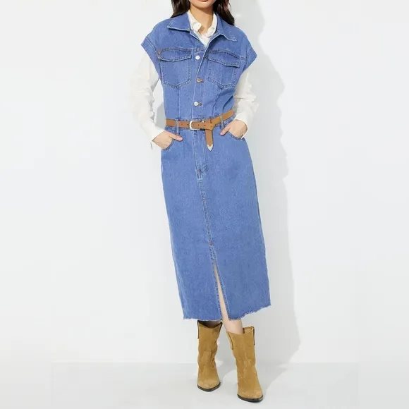 Denim Jacket Dress Pocket Chest Blue Jean Collared Midi Half Button Slit Front