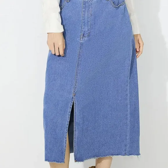 Denim Jacket Dress Pocket Chest Blue Jean Collared Midi Half Button Slit Front