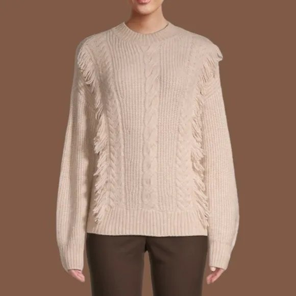 DESIGN 365 Cable-Knit Dropped-Shoulder Sweater w/Fringe Trim