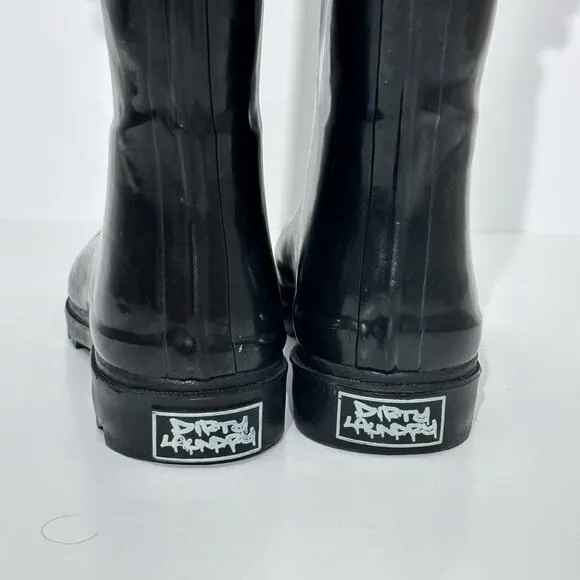 Dirty Laundry Rhane Black &amp; White Flower Chain Rubber Pull On Rain Boots Size 6