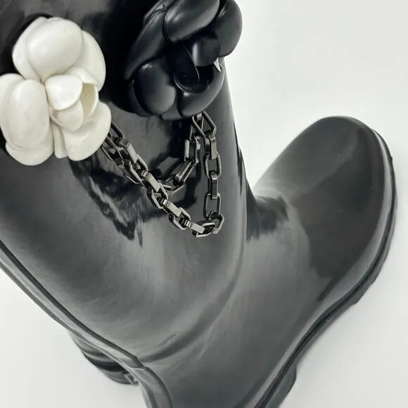 Dirty Laundry Rhane Black &amp; White Flower Chain Rubber Pull On Rain Boots Size 6
